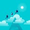 Vector flat illustration with office people jumping above mountain peak on blue sky with isolated clouds.