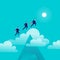 Vector flat illustration with office people jumping above mountain peak on blue sky with isolated clouds.