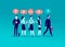 Vector flat illustration with office people standing together searching answers.