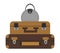 Vector flat illustration of a pile of travelerâ€™s suitcases. Brown luggage icon with label. Travel object isolated on white