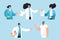 Vector flat illustration of professional medic team with pointing gestures. Cartoon doctor characters set - man, woman