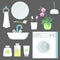 Vector flat illustration of set of elements, things for the bathroom interior. Sink, mirror, flower, cosmetics, towel