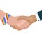 Vector flat illustration of shaking hands with rainbow bracelets and businessman. Friendship Day. Ecological conversation. Consent