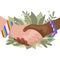 Vector flat illustration of shaking hands with rainbow bracelets and leaves. Friendship Day. Ecological conversation. Female