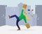 Vector flat illustration with a slipped man with shopping on ice