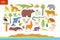 Vector flat illustration of South America animals, landscape, plants: crocodile, bear, anaconda, anteater, monkey, toucan palm tre