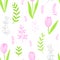Vector flat illustration spring flowers pattern. Buttercups, anemones, pink tulips, eucalyptus