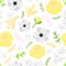 Vector flat illustration spring flowers pattern. Buttercups, anemones, pink tulips, eucalyptus