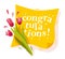 Vector flat illustration of spring flowers and yellow congratulation banner