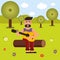 Vector flat illustration, style cartoon. A man sits on a log and plays the guitar, sings a song. Nature and picnic