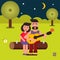 Vector flat illustration, style cartoon. Young happy family on a picnic. A couple in love, songs and guitar. Night and