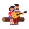 Vector flat illustration, style cartoon. Young happy family on a picnic. A couple in love, songs and guitar. White