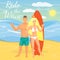 Vector flat illustration of surfing couple showing shaka gesture