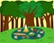 Vector flat illustration of a tasty picnic scene in the woods. Coffee break in the forest. Green trees and meadow