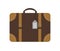 Vector flat illustration of a travelerâ€™s suitcase. Brown luggage icon with label. Travel object isolated on white background.