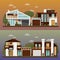 Vector flat illustration of two family house and sweet home banners outdoor street, private pavement, backyard with