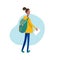Vector flat illustration of walking girl with backpack in minimalist style. Used for social networks, users app.