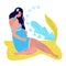 Vector flat illustration with young, attractive, pregnant woman sitting on the sand. Varicose veins