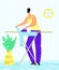 Vector flat illustration with young happy woman doing household chores, does Ironing.