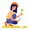 Vector flat illustration with young happy woman gardener who is engaged in transplanting seedlings on her site