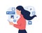 Vector flat illustration of young woman holding smartphone communicating with friends and using social media