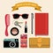 Vector flat image content of woman`s bag with comb, purse, cosmetic, keys, liner etc. Illustration What is inside my bag