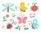 Vector flat insect and first flower icons pack. Funny spring garden collection. Cute ladybug, butterfly, beetle, dandelion