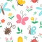 Vector flat insect and first flower seamless pattern. Funny spring garden repeating background. Cute ladybug, butterfly, beetle,