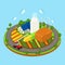 Vector flat isometric countryside farm: harvest, field, tractor