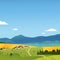 Vector flat landscape illustration of summer countryside nature view: sky, mountains, cozy village houses, cows, fields and meadow