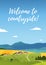 Vector flat landscape illustration of summer countryside nature view: sky, mountains, cozy village houses, cows, fields and meadow