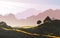 Vector flat landscape minimalistic illustration of wild nature mountain morning view with sky, sunlight, cozy house.