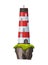 Vector flat lighthouse. Cartoon landscape. Searchlight tower for maritime navigational guidance. Architecture object