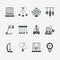 Vector flat line icon of pendulum types. Newton cradle, metronome, table pendulum, perpetuum mobile, gyroscope. Linear