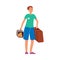 Vector flat man tourist with travel bag suitcase