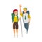 Vector flat man, woman hiking tourist