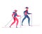 Vector flat man and woman skiing outdoors