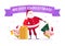 Vector flat Merry Christmas illustration with Santa Claus, cute pig elf with bell, carry decorated New year fir tree, xmas holiday