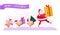 Vector flat Merry Christmas illustration with Santa Claus and cute pig elf walking with present gift box, decorated fir tree and c