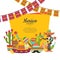 Vector flat Mexico attributes below frame with place for text and garlands illustration