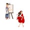 Vector flat parisian girl, boy artist painter set