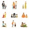 Vector flat people characters of different religions set. Jews, Catholics, Muslims, Buddhists. Families in national