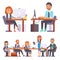 Vector flat people work place business worker person working on laptop at the table in office coworker businesswoman and