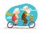 Vector flat portrait of old cute loving couple riding double bicycle.