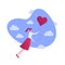 Vector flat romantic love people illustration. Yound girl flying on red heart balloon on sky background. Concept of first love,