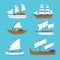 Vector flat sailing boat  ship icon  set. Old wooden ship with white sails. Phinisi ship  Barqque Sadov ship  Patorani ship