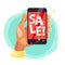 Vector flat sale banner with human hand holding smartphone.