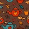 Vector flat seamless autumn pattern on a brown background with teapots, mugs, leaves and cookies