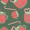 Vector Flat seamless pattern with a cups of cocoa, coffee, marshmallows and candy cane. The background is made of Hot seasonal
