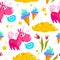 Vector flat seamless pattern with cute unicorn, stars, ice cream cone, magic cloud, spring tulip flower and heart